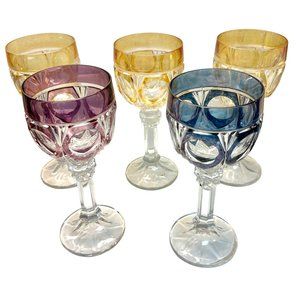 vtg NACHTMANN 5 Crystal Napoleon water glasses wine goblets colorful